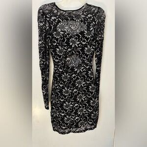 Black and Silver Floral Lace Mini Dress with Open Back XS